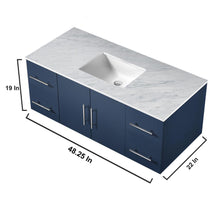Load image into Gallery viewer, Lexora Geneva LG192248DEDS000 48&quot; Single Wall Mounted Bathroom Vanity in Navy Blue with White Carrara Marble, White Rectangle Sink, Vanity Dimensions