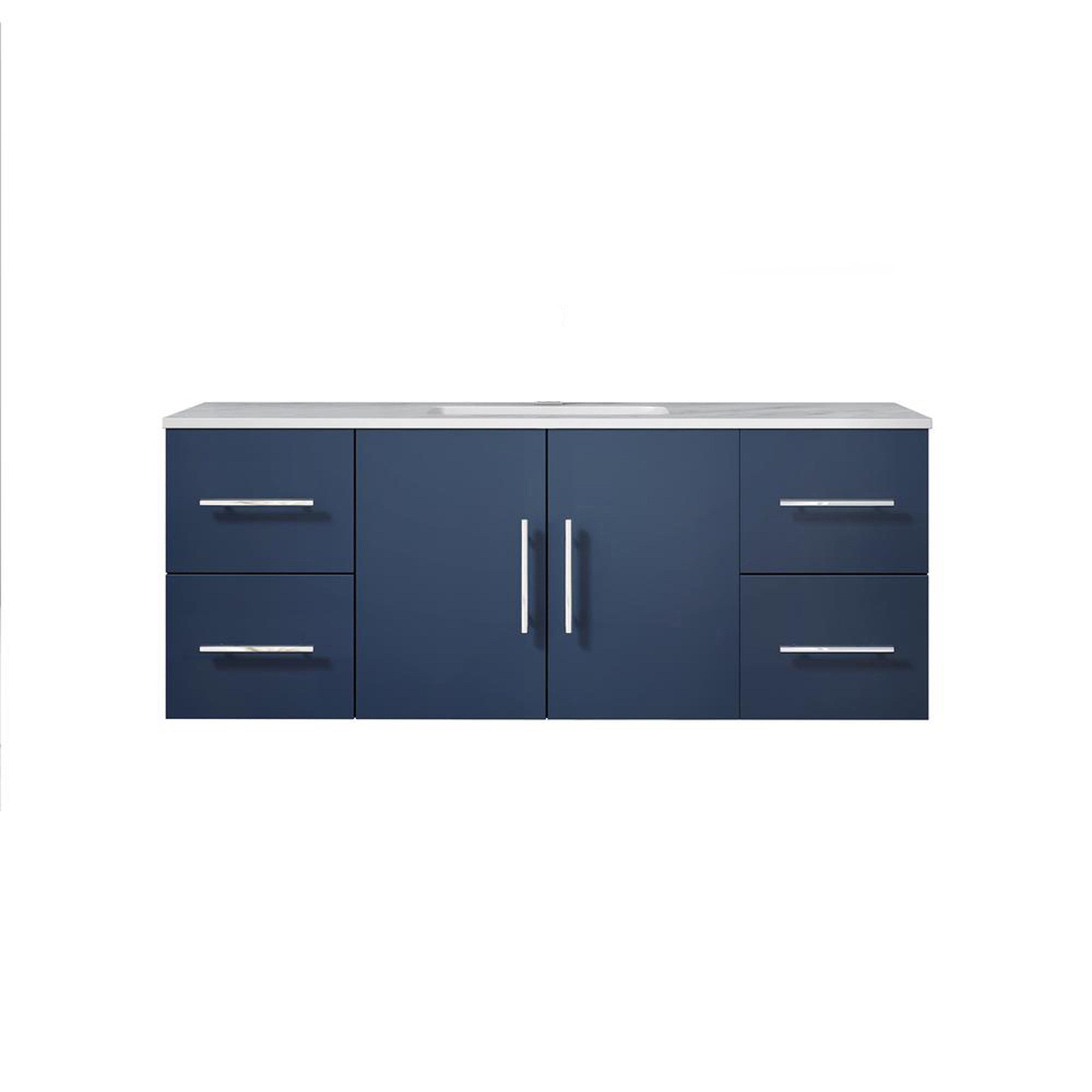 Lexora Geneva LG192248DEDS000 48" Single Wall Mounted Bathroom Vanity in Navy Blue with White Carrara Marble, White Rectangle Sink, Front View