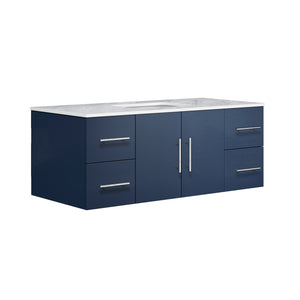 Lexora Geneva LG192248DEDS000 48" Single Wall Mounted Bathroom Vanity in Navy Blue with White Carrara Marble, White Rectangle Sink, Angled View