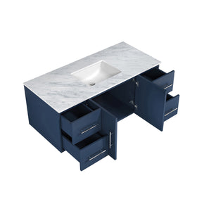 Lexora Geneva LG192248DEDS000 48" Single Wall Mounted Bathroom Vanity in Navy Blue with White Carrara Marble, White Rectangle Sink, Open Doors and Drawers
