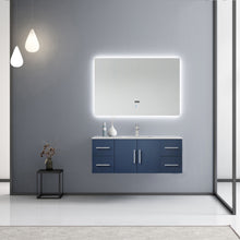 Load image into Gallery viewer, Lexora Geneva LG192248DEDS000 48&quot; Single Wall Mounted Bathroom Vanity in Navy Blue with White Carrara Marble, White Rectangle Sink, Rendered with Mirror and Faucet