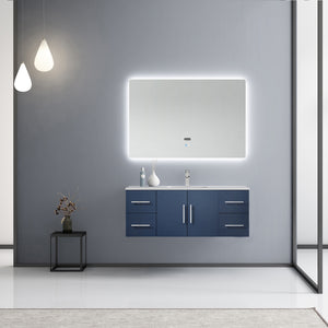 Lexora Geneva LG192248DEDS000 48" Single Wall Mounted Bathroom Vanity in Navy Blue with White Carrara Marble, White Rectangle Sink, Rendered with Mirror and Faucet