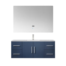 Load image into Gallery viewer, Lexora Geneva LG192248DEDS000 48&quot; Single Wall Mounted Bathroom Vanity in Navy Blue with White Carrara Marble, White Rectangle Sink, With Mirror and Faucet