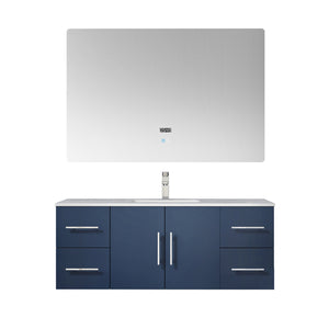 Lexora Geneva LG192248DEDS000 48" Single Wall Mounted Bathroom Vanity in Navy Blue with White Carrara Marble, White Rectangle Sink, With Mirror and Faucet