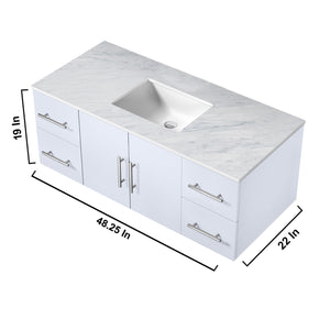 Lexora Geneva LG192248DMDS000 48" Single Wall Mounted Bathroom Vanity in Glossy White with White Carrara Marble, White Rectangle Sink, Vanity Dimensions
