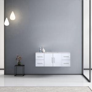 Lexora Geneva LG192248DMDS000 48" Single Wall Mounted Bathroom Vanity in Glossy White with White Carrara Marble, White Rectangle Sink, Rendered Front View