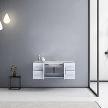 Load image into Gallery viewer, Lexora Geneva LG192248DMDS000 48&quot; Single Wall Mounted Bathroom Vanity in Glossy White with White Carrara Marble, White Rectangle Sink, Rendered Open Doors