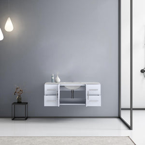 Lexora Geneva LG192248DMDS000 48" Single Wall Mounted Bathroom Vanity in Glossy White with White Carrara Marble, White Rectangle Sink, Rendered Open Doors