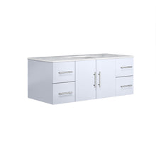 Load image into Gallery viewer, Lexora Geneva LG192248DMDS000 48&quot; Single Wall Mounted Bathroom Vanity in Glossy White with White Carrara Marble, White Rectangle Sink, Angled View