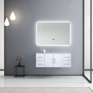 Lexora Geneva LG192248DMDS000 48" Single Wall Mounted Bathroom Vanity in Glossy White with White Carrara Marble, White Rectangle Sink, Rendered with Mirror and Faucet