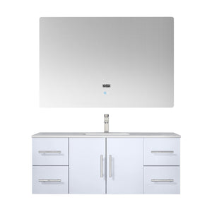 Lexora Geneva LG192248DMDS000 48" Single Wall Mounted Bathroom Vanity in Glossy White with White Carrara Marble, White Rectangle Sink, With Mirror and Faucet