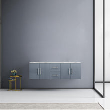 Load image into Gallery viewer, Lexora Geneva LG192260DBDS000 60&quot; Double Wall Mounted Bathroom Vanity in Dark Grey with White Carrara Marble, White Rectangle Sinks, Rendered Front View