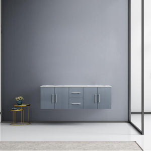Lexora Geneva LG192260DBDS000 60" Double Wall Mounted Bathroom Vanity in Dark Grey with White Carrara Marble, White Rectangle Sinks, Rendered Front View