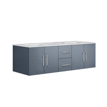 Load image into Gallery viewer, Lexora Geneva LG192260DBDS000 60&quot; Double Wall Mounted Bathroom Vanity in Dark Grey with White Carrara Marble, White Rectangle Sinks, Angled View