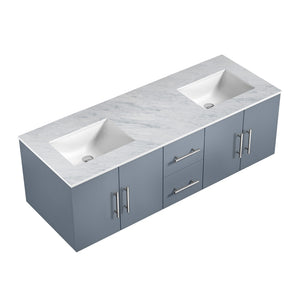 Lexora Geneva LG192260DBDS000 60" Double Wall Mounted Bathroom Vanity in Dark Grey with White Carrara Marble, White Rectangle Sinks, Countertop