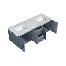 Load image into Gallery viewer, Lexora Geneva LG192260DBDS000 60&quot; Double Wall Mounted Bathroom Vanity in Dark Grey with White Carrara Marble, White Rectangle Sinks, Open Doors and Drawers