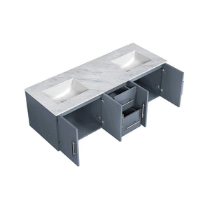 Lexora Geneva LG192260DBDS000 60" Double Wall Mounted Bathroom Vanity in Dark Grey with White Carrara Marble, White Rectangle Sinks, Open Doors and Drawers