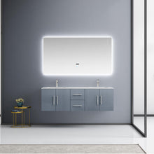 Load image into Gallery viewer, Lexora Geneva LG192260DBDS000 60&quot; Double Wall Mounted Bathroom Vanity in Dark Grey with White Carrara Marble, White Rectangle Sinks, Rendered with Mirror and Faucets