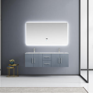 Lexora Geneva LG192260DBDS000 60" Double Wall Mounted Bathroom Vanity in Dark Grey with White Carrara Marble, White Rectangle Sinks, Rendered with Mirror and Faucets
