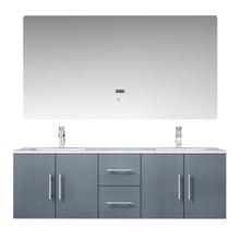 Load image into Gallery viewer, Lexora Geneva LG192260DBDS000 60&quot; Double Wall Mounted Bathroom Vanity in Dark Grey with White Carrara Marble, White Rectangle Sinks, With Mirror and Faucets