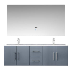 Lexora Geneva LG192260DBDS000 60" Double Wall Mounted Bathroom Vanity in Dark Grey with White Carrara Marble, White Rectangle Sinks, With Mirror and Faucets