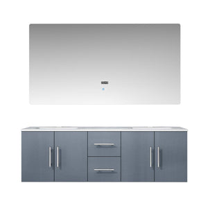 Lexora Geneva LG192260DBDS000 60" Double Wall Mounted Bathroom Vanity in Dark Grey with White Carrara Marble, White Rectangle Sinks, With Mirror