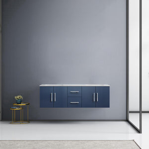 exora Geneva LG192260DEDS000 60" Double Wall Mounted Bathroom Vanity in Navy Blue with White Carrara Marble, White Rectangle Sinks, Rendered Front View