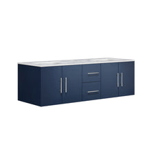 Load image into Gallery viewer, exora Geneva LG192260DEDS000 60&quot; Double Wall Mounted Bathroom Vanity in Navy Blue with White Carrara Marble, White Rectangle Sinks, Angled View
