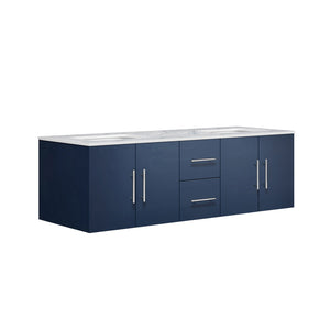 exora Geneva LG192260DEDS000 60" Double Wall Mounted Bathroom Vanity in Navy Blue with White Carrara Marble, White Rectangle Sinks, Angled View