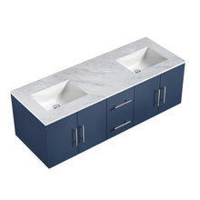 Load image into Gallery viewer, exora Geneva LG192260DEDS000 60&quot; Double Wall Mounted Bathroom Vanity in Navy Blue with White Carrara Marble, White Rectangle Sinks, Countertop