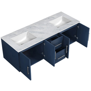 exora Geneva LG192260DEDS000 60" Double Wall Mounted Bathroom Vanity in Navy Blue with White Carrara Marble, White Rectangle Sinks, Open Doors and Drawers
