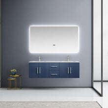 Load image into Gallery viewer, exora Geneva LG192260DEDS000 60&quot; Double Wall Mounted Bathroom Vanity in Navy Blue with White Carrara Marble, White Rectangle Sinks, Rendered with Mirror and Faucets