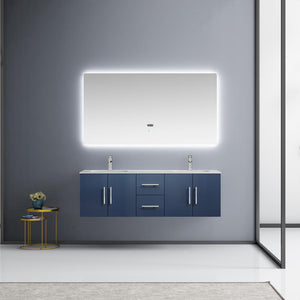 exora Geneva LG192260DEDS000 60" Double Wall Mounted Bathroom Vanity in Navy Blue with White Carrara Marble, White Rectangle Sinks, Rendered with Mirror and Faucets