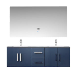 exora Geneva LG192260DEDS000 60" Double Wall Mounted Bathroom Vanity in Navy Blue with White Carrara Marble, White Rectangle Sinks, With Mirror and Faucets