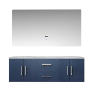 exora Geneva LG192260DEDS000 60" Double Wall Mounted Bathroom Vanity in Navy Blue with White Carrara Marble, White Rectangle Sinks, With Mirror