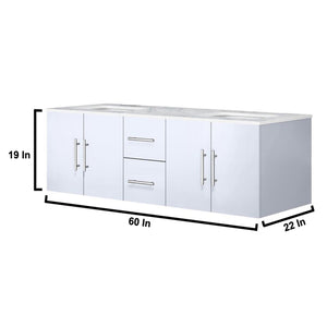 Lexora Geneva LG192260DMDS000 60" Double Wall Mounted Bathroom Vanity in Glossy White with White Carrara Marble, White Rectangle Sinks, Vanity Dimensions