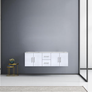 Lexora Geneva LG192260DMDS000 60" Double Wall Mounted Bathroom Vanity in Glossy White with White Carrara Marble, White Rectangle Sinks, Rendered Front View