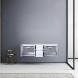 Lexora Geneva LG192260DMDS000 60" Double Wall Mounted Bathroom Vanity in Glossy White with White Carrara Marble, White Rectangle Sinks, Rendered Open Doors