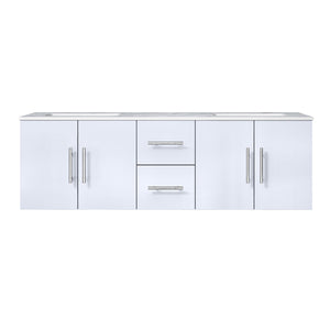 Lexora Geneva LG192260DMDS000 60" Double Wall Mounted Bathroom Vanity in Glossy White with White Carrara Marble, White Rectangle Sinks, Front View