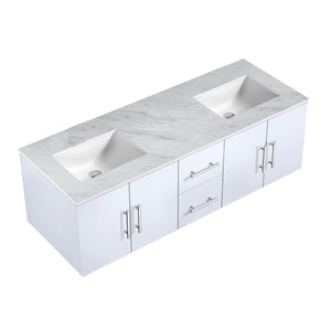 Lexora Geneva LG192260DMDS000 60" Double Wall Mounted Bathroom Vanity in Glossy White with White Carrara Marble, White Rectangle Sinks, Countertop