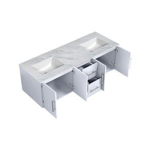 Lexora Geneva LG192260DMDS000 60" Double Wall Mounted Bathroom Vanity in Glossy White with White Carrara Marble, White Rectangle Sinks, Open Doors and Drawers