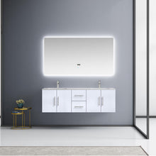 Load image into Gallery viewer, Lexora Geneva LG192260DMDS000 60&quot; Double Wall Mounted Bathroom Vanity in Glossy White with White Carrara Marble, White Rectangle Sinks, Rendered with Mirror and Faucets