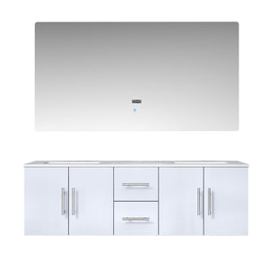Lexora Geneva LG192260DMDS000 60" Double Wall Mounted Bathroom Vanity in Glossy White with White Carrara Marble, White Rectangle Sinks, With Mirror