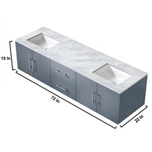 Load image into Gallery viewer, Lexora Geneva LG192272DBDS000 72&quot; Double Wall Mounted Bathroom Vanity in Dark Grey with White Carrara Marble, White Rectangle Sinks, Vanity Dimensions