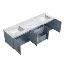 Load image into Gallery viewer, Lexora Geneva LG192272DBDS000 72&quot; Double Wall Mounted Bathroom Vanity in Dark Grey with White Carrara Marble, White Rectangle Sinks, Open Doors and Drawers