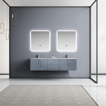 Load image into Gallery viewer, Lexora Geneva LG192272DBDS000 72&quot; Double Wall Mounted Bathroom Vanity in Dark Grey with White Carrara Marble, White Rectangle Sinks, Rendered with Mirrors and Faucets