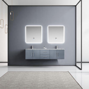 Lexora Geneva LG192272DBDS000 72" Double Wall Mounted Bathroom Vanity in Dark Grey with White Carrara Marble, White Rectangle Sinks, Rendered with Mirrors and Faucets