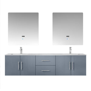 Lexora Geneva LG192272DBDS000 72" Double Wall Mounted Bathroom Vanity in Dark Grey with White Carrara Marble, White Rectangle Sinks, With Mirrors and Faucets