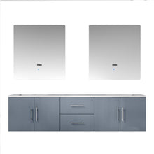 Load image into Gallery viewer, Lexora Geneva LG192272DBDS000 72&quot; Double Wall Mounted Bathroom Vanity in Dark Grey with White Carrara Marble, White Rectangle Sinks, With Mirrors