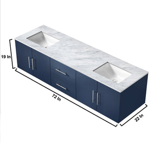 Lexora Geneva LG192272DEDS000 72" Double Wall Mounted Bathroom Vanity in Navy Blue with White Carrara Marble, White Rectangle Sinks, Vanity Dimensions
